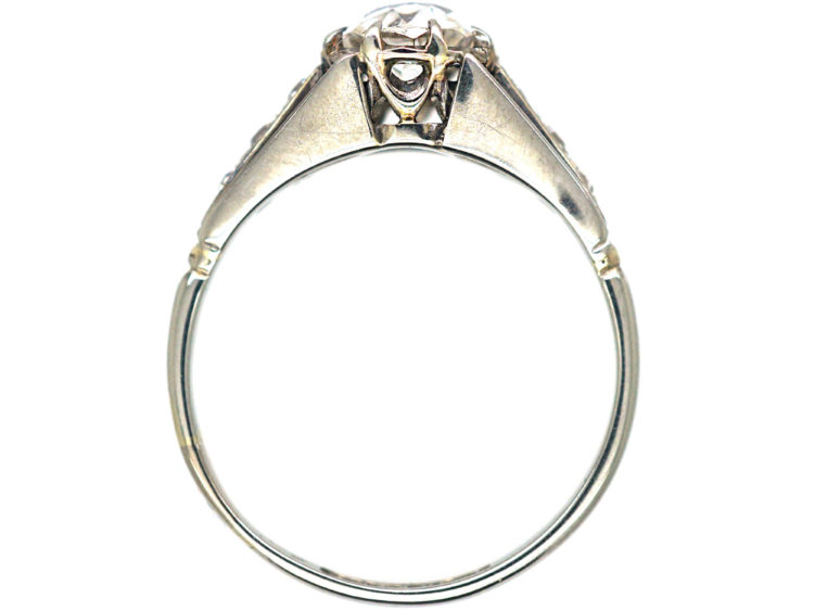 Art Deco 18ct Gold & Platinum, Diamond Solitaire Ring with Diamond Set Shoulders