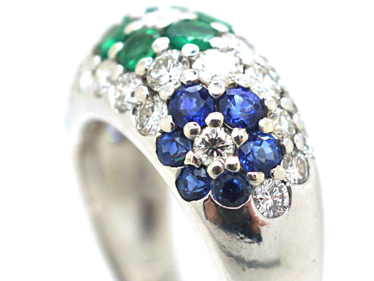 18ct White Gold Tutti Frutti Sapphire, Diamond, Emerald & Ruby Flowers Ring