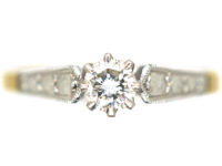 Art Deco 18ct Gold & Platinum, Diamond Solitaire Ring With Shoulder Details