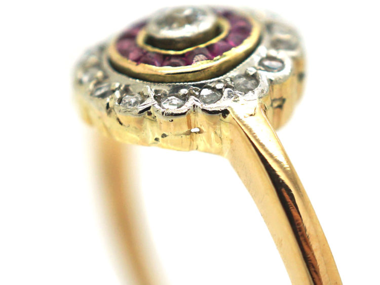 Art Deco 18ct Gold & Platinum, Diamond & Ruby Target Ring