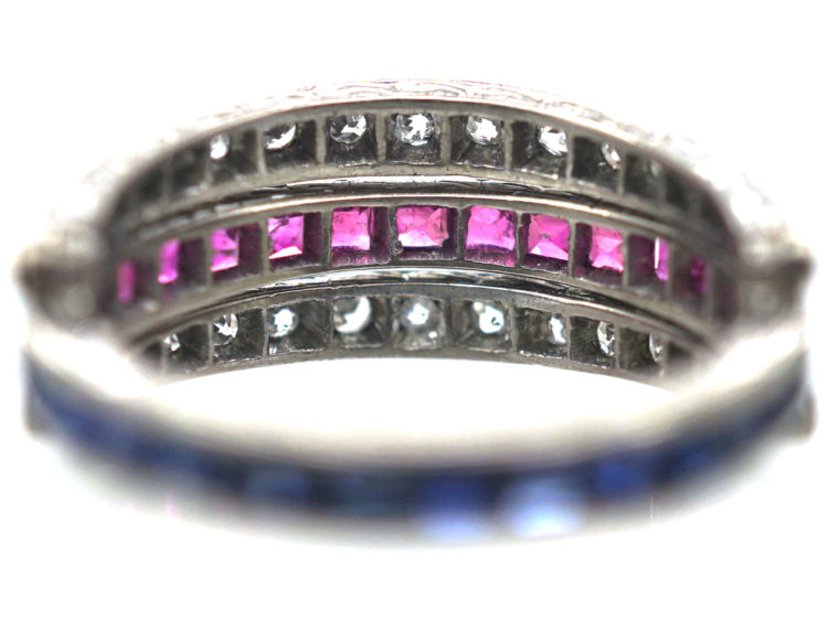 Art Deco 18ct White Gold Sapphire, Diamond & Ruby Flip over Ring