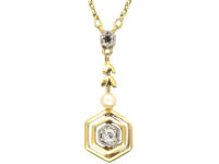 Art Deco 14ct Gold Diamond & Pearl Pendant on 14ct Gold Chain