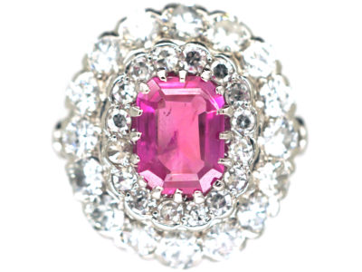 Platinum, Pink Sapphire & Diamond Large Oval Cluster Ring