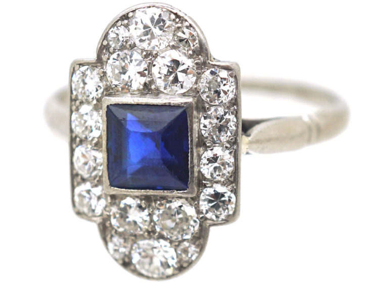 Art Deco Platinum, Sapphire & Diamond Geometric Ring