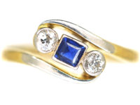 Art Deco 18ct Gold & Platinum, Diamond & Sapphire Crossover Ring