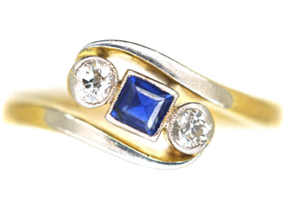 Art Deco 18ct Gold & Platinum, Diamond & Sapphire Crossover Ring