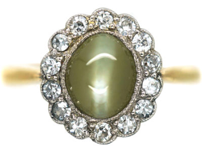 Edwardian 18ct Gold, Diamond & Cat's Eye Chrysoberyl Cluster Ring
