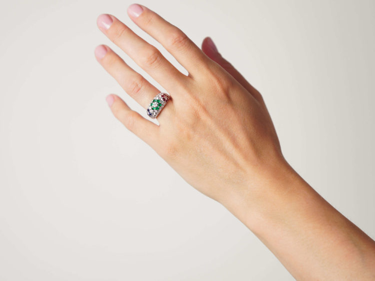 18ct White Gold Tutti Frutti Sapphire, Diamond, Emerald & Ruby Flowers Ring
