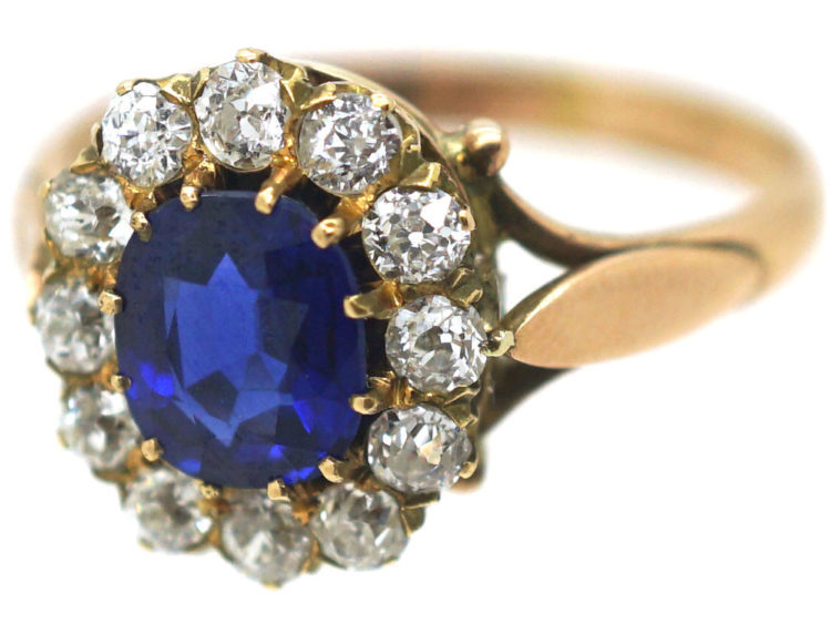 Edwardian 18ct Gold, Sapphire & Diamond Oval Cluster Ring