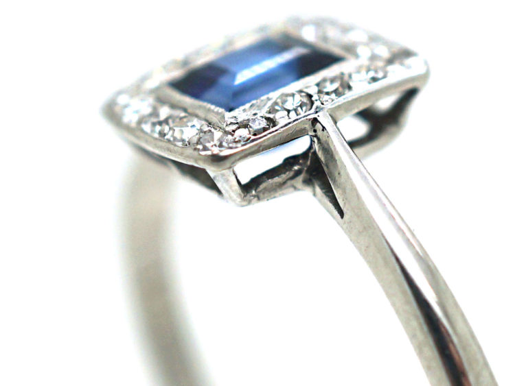 Art Deco 18ct White Gold Sapphire & Diamond Rectangular Shaped Cluster Ring