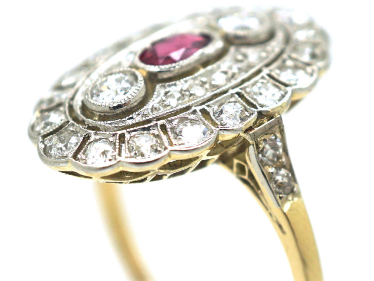 Art Deco 18ct Gold & Platinum, Ruby & Diamond Large Oval Cluster Ring