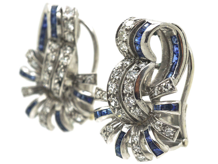 Art Deco 18ct White Gold, Sapphire & Diamond Clip On Earrings