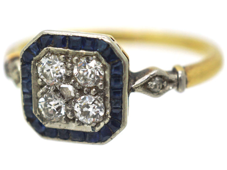 Art Deco 18ct Gold & Platinum, Sapphire & Diamond Octagonal Target Ring