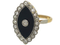 Art Deco 18ct Gold & Platinum, Onyx & Diamond Marquise Shaped Ring