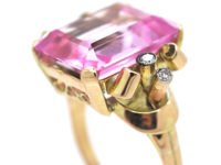 Retro 14ct Gold, Synthetic Pink Sapphire with Diamond Set Shoulders