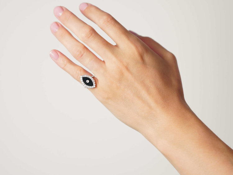 Art Deco 18ct Gold & Platinum, Onyx & Diamond Marquise Shaped Ring