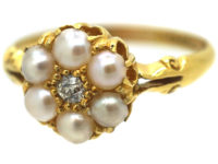 Edwardian 18ct Gold, Natural Pearl & Diamond Cluster Ring