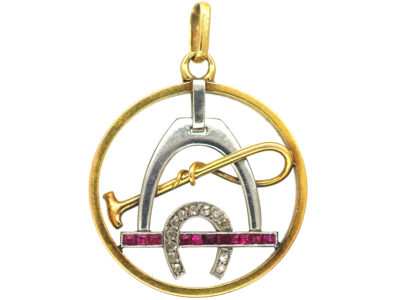 Art Deco 18ct gold & Platinum, Diamond & Ruby Stirrup, Whip & Horseshoe Pendant