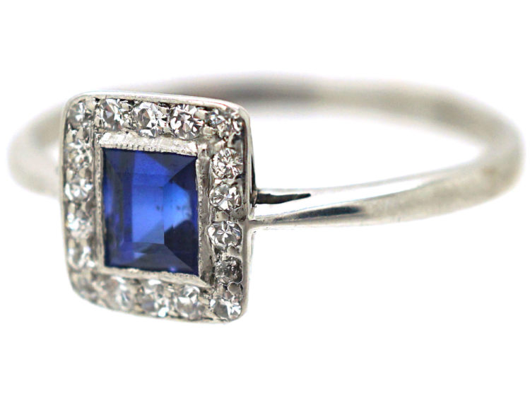 Art Deco 18ct White Gold Sapphire & Diamond Rectangular Shaped Cluster Ring