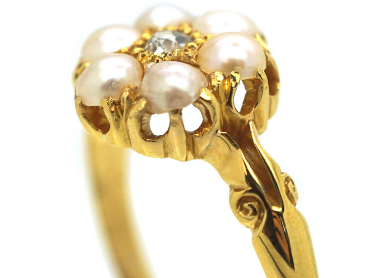 Edwardian 18ct Gold, Natural Pearl & Diamond Cluster Ring