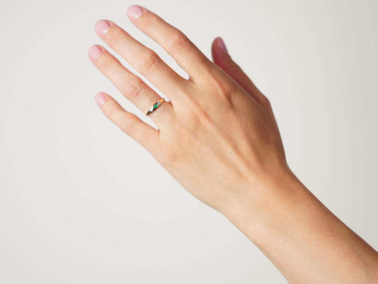 14ct Gold Diamond & Emerald Three Stone Rub Over Set Ring