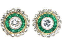 Art Deco 18ct Gold & Platinum, Emerald & Diamond Target Earrings