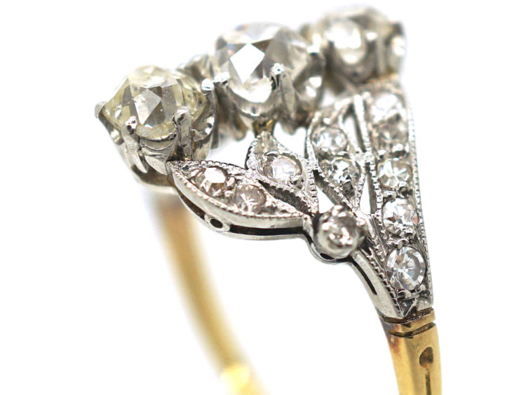 Belle Epoque 18ct Gold & Platinum Diamond Three Stone Ring with Leaf Shoulders