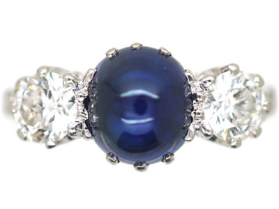 Art Deco Platinum, Cabochon Sapphire & Diamond Three Stone Ring