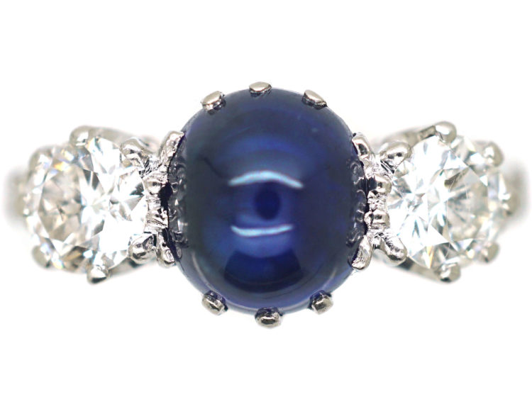 Art Deco Platinum, Cabochon Sapphire & Diamond Three Stone Ring