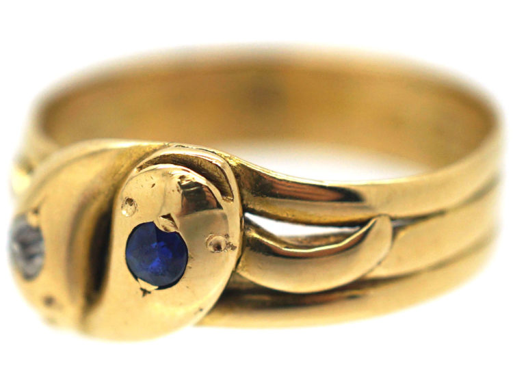 Victorian 18ct Gold Double Snake Ring set with a Sapphire & a Diamond