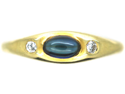 14ct Gold Cabochon Sapphire & Diamond Three Stone Rub Over Ring