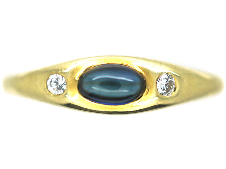 14ct Gold Cabochon Sapphire & Diamond Three Stone Rub Over Ring