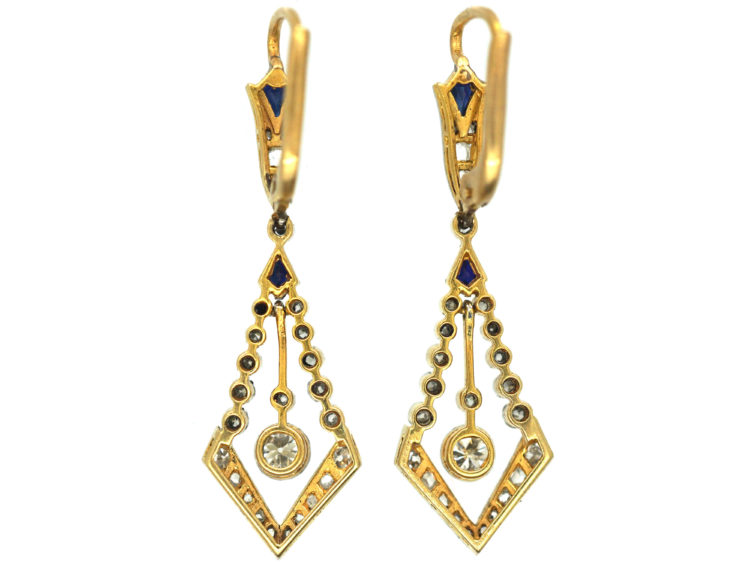 Art Deco 18ct Gold & Platinum, Sapphire & Diamond Drop Earrings