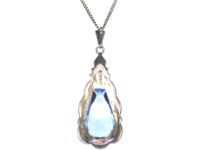 Art Deco Silver & Synthetic Pear Shaped Blue Spinel Pendant on a Silver Chain