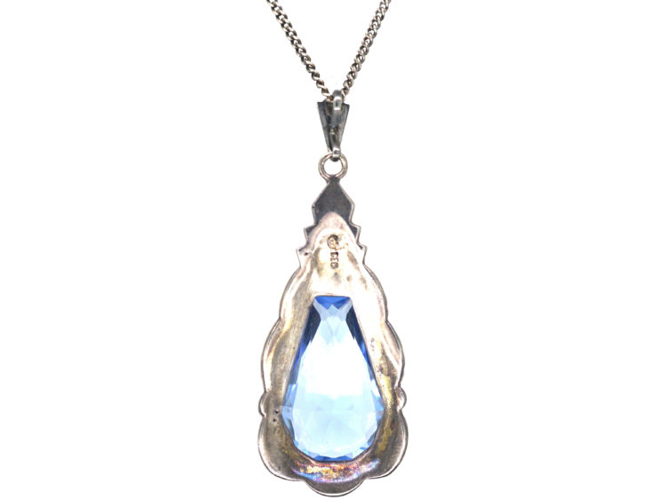 Art Deco Silver & Synthetic Pear Shaped Blue Spinel Pendant on a Silver Chain