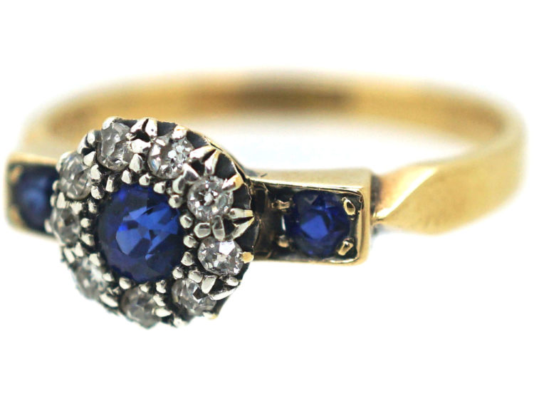 Edwardian 18ct Gold, Sapphire & Diamond Cluster Ring with Sapphire Shoulders