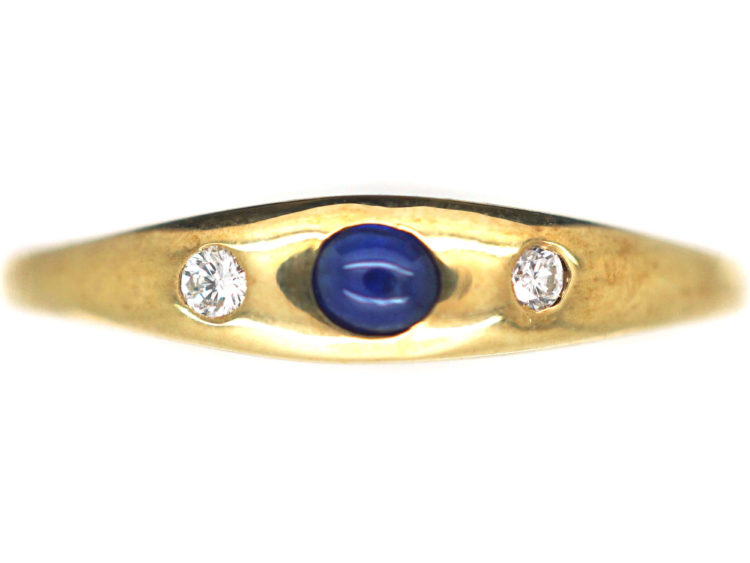 14ct Gold Cabochon Sapphire & Diamond Rub Over Set Ring