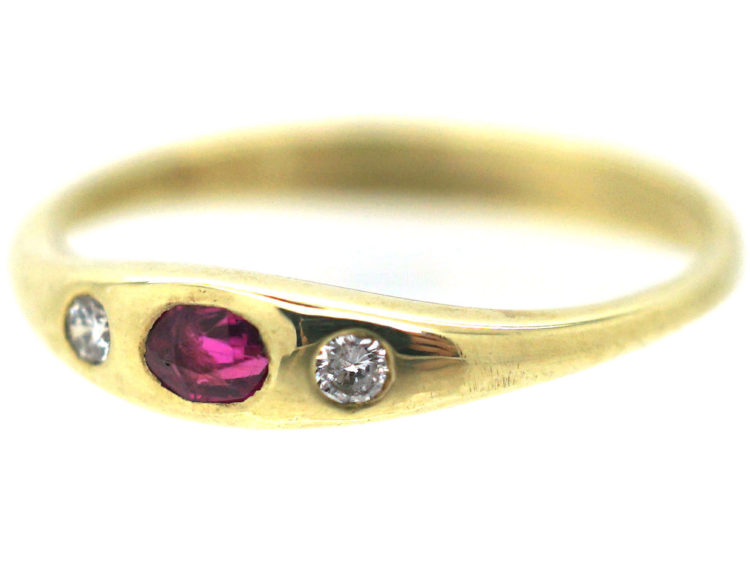 14ct Gold, Ruby & Diamond Three Stone Rub Over Set Ring