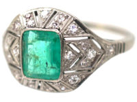 Art Deco Platinum Emerald & Diamond Ring