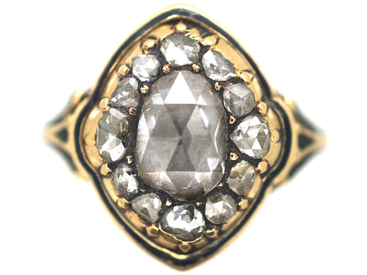 Victorian 18ct Gold & Black Enamel, Rose Diamond Ring with Pear Shaped Rose Diamond in the Centre