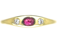 14ct Gold, Ruby & Diamond Three Stone Rub Over Set Ring