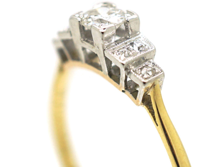 Art Deco 18ct gold & Platinum, Diamond Solitaire Ring with Diamond Set Shoulders