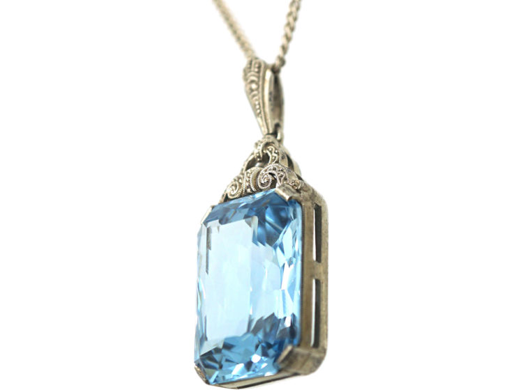 Art Deco Silver & Synthetic Blue Spinel Pendant on a Silver Chain