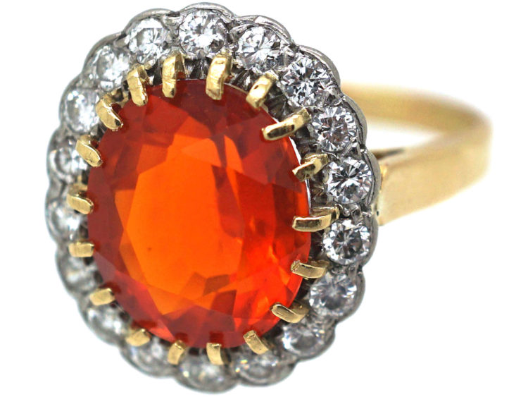 18ct Gold Fire Opal & Diamond Oval Cluster Ring