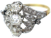 Belle Epoque 18ct Gold & Platinum Diamond Three Stone Ring with Leaf Shoulders