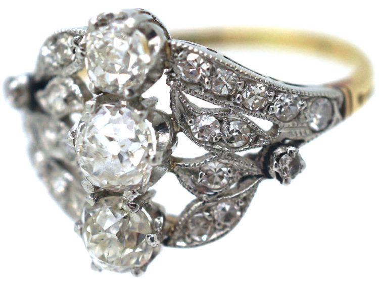 Belle Epoque 18ct Gold & Platinum Diamond Three Stone Ring with Leaf Shoulders