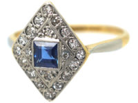 Art Deco 18ct Gold & Platinum, Diamond Shape Sapphire & Diamond Ring