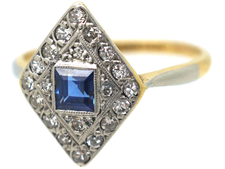 Art Deco 18ct Gold & Platinum, Diamond Shape Sapphire & Diamond Ring
