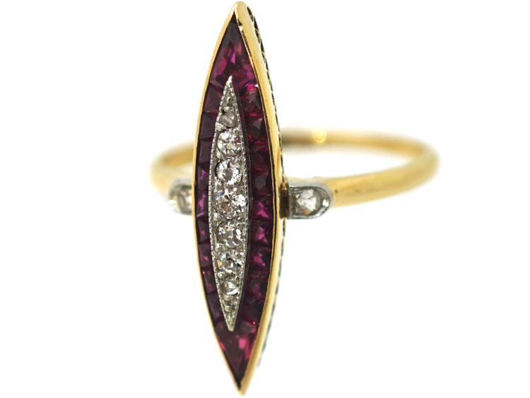 Art Deco 18ct Gold & Platinum Diamond & Ruby Marquise Ring