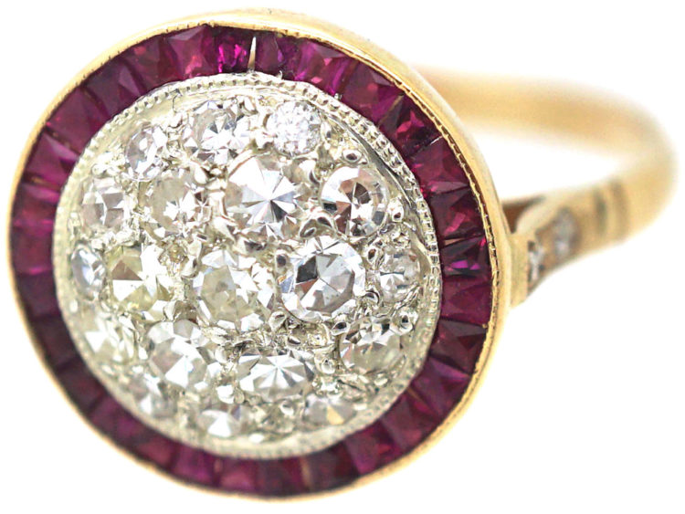 Art Deco 18ct Gold & Platinum, Ruby & Diamond Target Ring